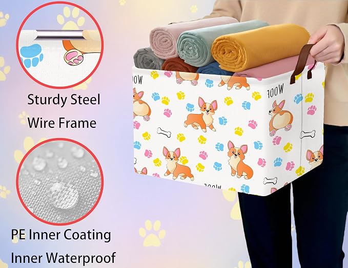 Medium Dog Toy Storage Basket Collapsible Pet Bin Box with Handles Large Puppy Box Stuff Organizer Living Room Decor(Color Paw)