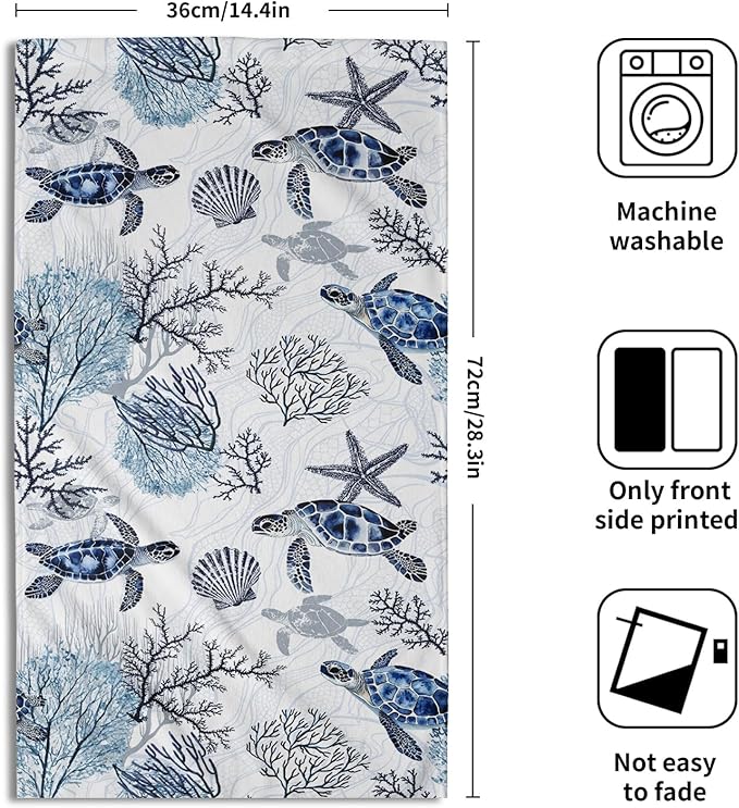 Giwawa Sea Turtle Hand Towel Set of 2, Summer Ocean Coral Starfish Towel, Watercolor Undersea Blue Tortoises Face Towel Quick Dry Dish Wash Cloth for Hotel Bathroom Gym Home Spa Decor