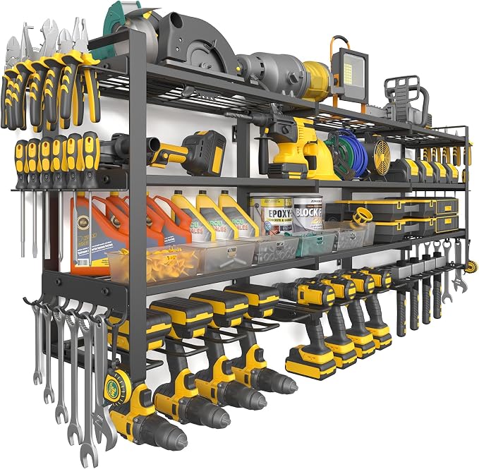 49''W Power Tool Organizer Wall Mount, 650LBS, 4 Tier, 12 Drill Holders | 3-Tube Reinforced Design, Holds 50+ Tools, Cordless Tool Organizer, Rust Resistant, Quick Assembly, Garage Gift for Men