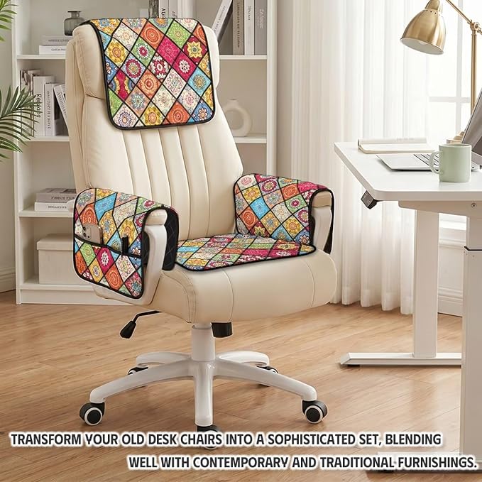 4PCS Quilted Recliner Slipcovers with Arms Mandala Patchwork | Recliner Chair Covers Floral Print Non-Slip Flower Furniture Protector for Armchairs Leather Recliners, Machine Washable