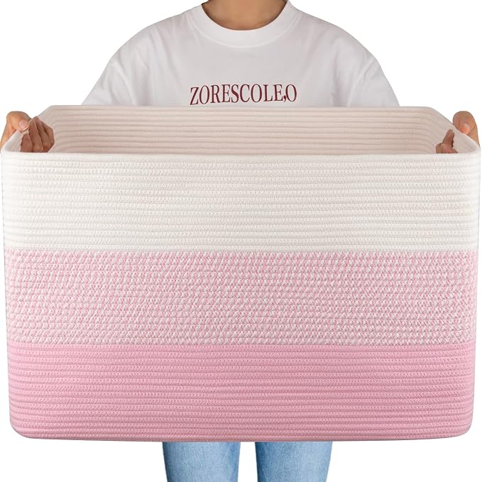 OIAHOMY 108L Extra Large Blanket Basket Dog Toy Basket Pink&White | Rectangle Woven Baskets for Storage Cotton Rope Basket For Living Room Toy Storage Blanket Storage Laundry Basket