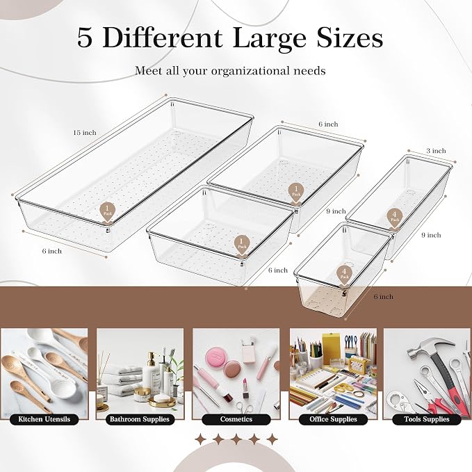 11 PCS Clear Plastic Drawer Organizer Set - 5 Large Size Versatile Kitchen and Bathroom Organizer Trays, Non-Slip Storage Bins for Makeup, Utensils, Tool and Office Desk