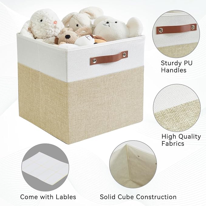 13x15x13 Storage Cube Bins, Foldable Storage Organizer Baskets, Fabric Cube Storage Boxes with 2 Reinforced PU Handles for Kallax, Shelves, Living Room | 4 Pack, Beige & White