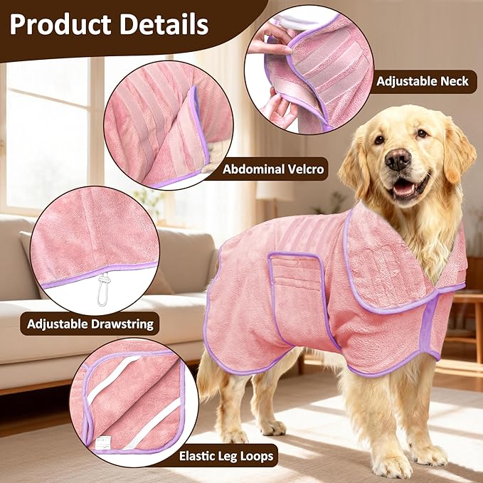 Soft Dog Bathrobe Fast Drying Dog Coat, Super Absorbent Dog Towels for After Bath, Microfiber Pet Robe Adjustable Collar & Belly Warm Keeping Dogs Coat for Pet Dogs & Cats (Pink, Large)