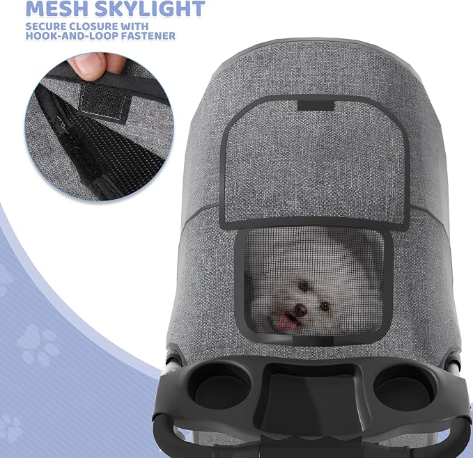 Magshion 3-Wheel Pet Stroller for Small/Medium Dogs & Cats, Up to 33lbs | Foldable Travel Jogger w/ Breathable Mesh Cover, Lightweight Design, Safety Tethers, Cup Holder & Storage Basket