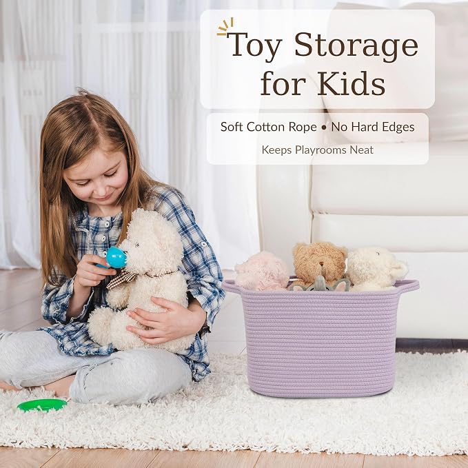 XUANGUO Woven Cotton Rope Storage Basket with Handles 13x10x9 inch Purple | Woven cotton rope basket for shelves and closets. Perfect for toys, books, clothes, nursery storage and gift baskets.
