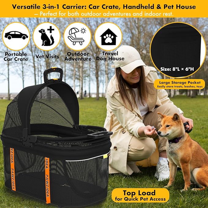 PAWZIDEA Portable Small Dog Crate for Car Travel Up to 33lbs, No-Zip Canopy | Enclosed Dog Car Seat Escape-Proof, Soft-Sided Small Medium Puppy Cats Car Kennel, Foldable Pet Carrier by Seatbelt, Top-Load
