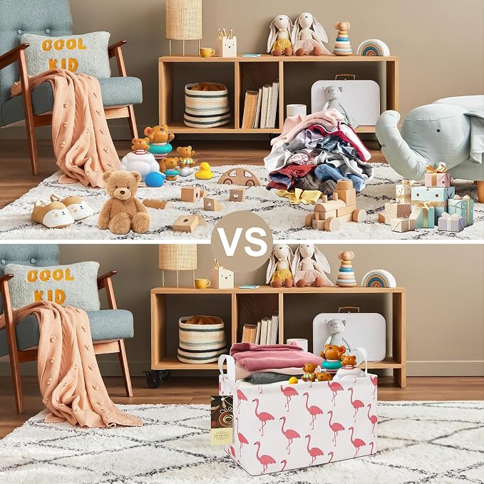Rectangle Foldable Storage Basket Handles For Home, Flamingo | Waterproof reinforced handles, perfect for shelf use, organizes clothes, daily items and pet supplies