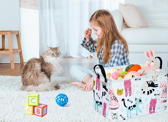 Rectangle Gift Storage Basket Home Shelf Storage Basket Organizer Box Clothes Laundry Hamper Nursery Basket Laundry Basket with Handles (Cat)