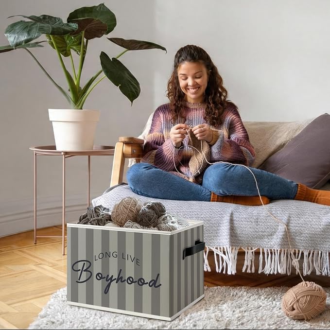 Boy Nursery Long Live Boyhood Foldable Storage Bins Box with Handles, Grey Striped Decorative Storage Boxes Baskets Toybox Organizer for Kids Boy Nursery Toddler Room Bedroom Playroom