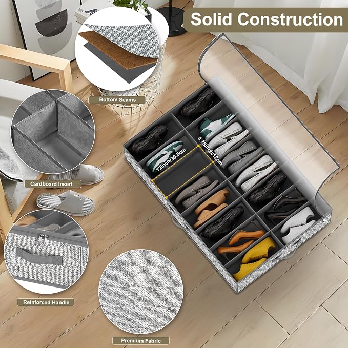 32 Pairs Shoe Organizer Under Bed, Underbed Shoe Storage Boxes Bins, Organizador De Zapatos, Extra Large Zapateras Organizer, Grey, Set of 2
