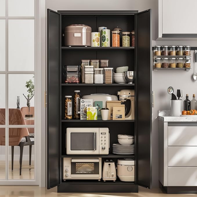 BESFUR Kitchen Pantry Cabinet,71” Metal Tall Pantry Storage Cabinet with Doors and 4 Adjustable Shelves,Kitchen Storage Cabinets Black Freestanding Food Cabinet for Pantries, Kitchen