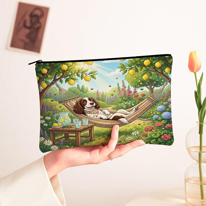 Springer Spaniel Dog Makeup Bag, Country Lemon Floral Plant Cosmetic Travel Pouch for Women, Gifts for Girls, Pet Portable Small Canvas Zipper Organizer 7x9 Inch