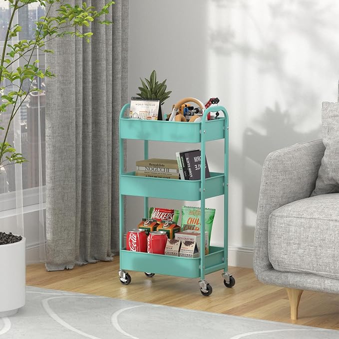 MAX Houser 3-Tier Rolling Utility Cart with Caster Wheels,Easy Assembly, for Kitchen, Bathroom (Turquoise) | Easy Assembly, multi-purpose storage trolley for kitchen, rolling cart with smooth caster wheels for bathroom