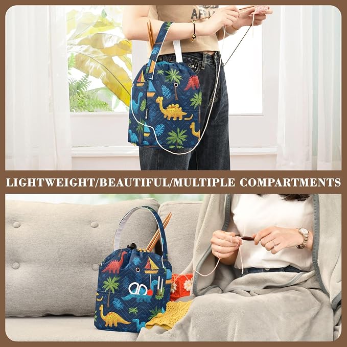 Tatenale Crochet Bag Yarn Bag Knitting Project Bag with Pockets and Handle Portable Yarn Storage Organizer Tangle Free 8.3x11 InchTropical Leaves and Multicolored Dinosaurs34