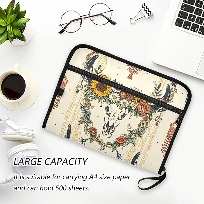 Bohemian Bull Skull Pattern with Sunflowers Expanding File Folder with Sticky Labels, 13 Pockets Accordion File Folder Document Organizer Expandable Zip File Folder with Zipper Closure