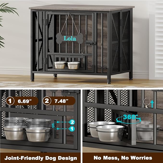 EasyCom Foldable Dog Crate Furniture, 31.5" Dog Crates for Small/Medium Dogs, Wooden Dog Kennel Indoor with Tag & Adjustable Dog Bowls, Dog Cage Use as End Table/TV Stand, Oak Grey | Foldable Dog Crate Furniture, Wooden Dog Kennel Indoor