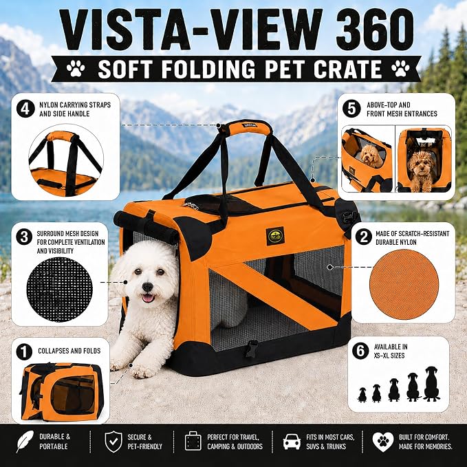 Pet Life ® Vista-View 360 Degree Zippered and Collapsible Soft Folding Pet Dog Crate Travel Dog Kennel with Zippered Entrances