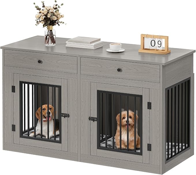 YITAHOME 60" Dog Crate Furniture with Removable Divider & Storage Drawers | Double Door Kennel with Locks for Medium and Large Dogs, Multi-Functional Dog Crate End Table, Grey