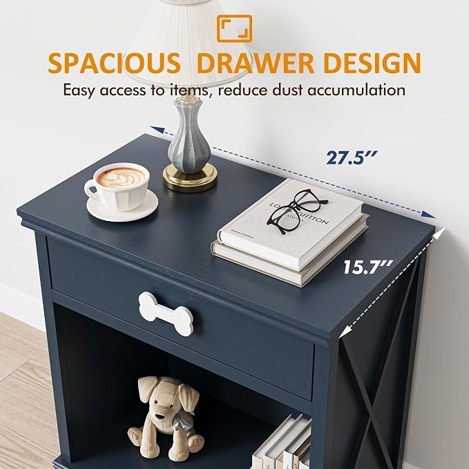 Cat End Table, Dog Crate Table Hidden Litter Box Enclosure with Drawer, Cat Side Table Storage Cabinet with Light and Pet Bed, Dog Kennel End Table, Nightstand for Living Room