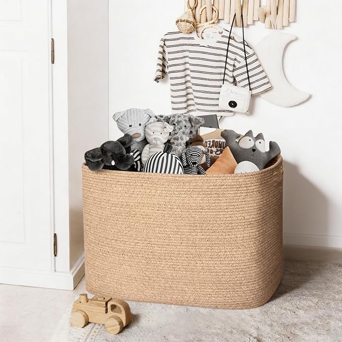 Extra Large Blanket Basket, 108L Rectangle Blanket Storage for Living Room, Woven Cotton Rope Stuffed Animals Storage, Kids Dog Toy Basket Bin Box, Throw Pillow Holder Organizer, 25"x16"x16"