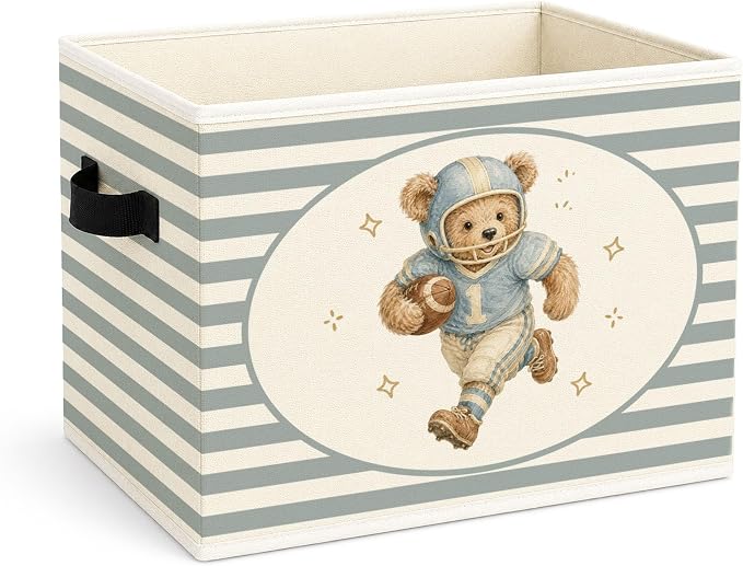 Football Teddy Bear Blue Gray Stripe Foldable Fabric Storage Bin | Football teddy bear stripe design; foldable fabric storage bin for kids room, nursery, playroom.