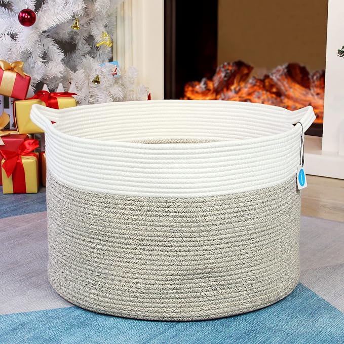 Casaphoria XXXLarge Cotton Rope Basket for Living Room - Woven Storage Basket with Handle for Blankets, Towels and Pillows Laundry Hamper | Cream white and Brown (22" x 22" x 14")