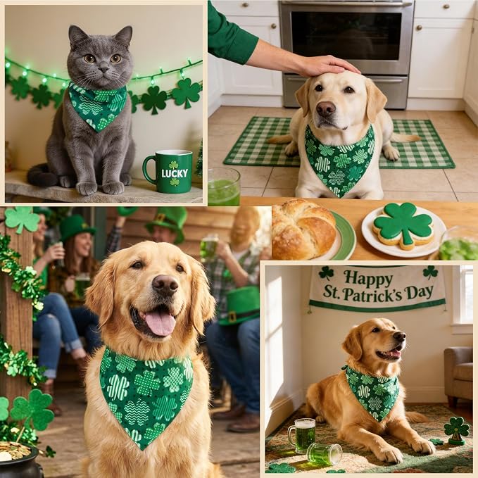 Dog Bandanas for St. Patricks Day - Big Clover Dark Green Polka Dot Base, Pet Scarf with Snap Button Cute Lucky Holiday Costumes for Irish Festivals, Large & Giant Breeds (75lbs+)