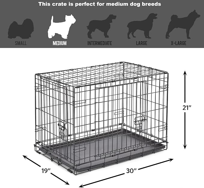 New World by Midwest 30-Inch Double Door Crate, Medium Breeds, 21-40 lbs | Folding Dog Crate, Leak-Proof Tray & Secure Latches, Portable, Durable & Easy to Assemble