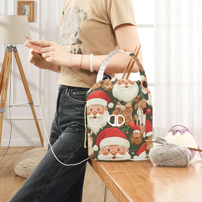Tatenale Crochet Bag Yarn Bag Knitting Project Bag with Pockets and Handle Portable Yarn Storage Organizer Tangle Free 8.3x11 InchGreen Christmas Santa Claus and Cookies16
