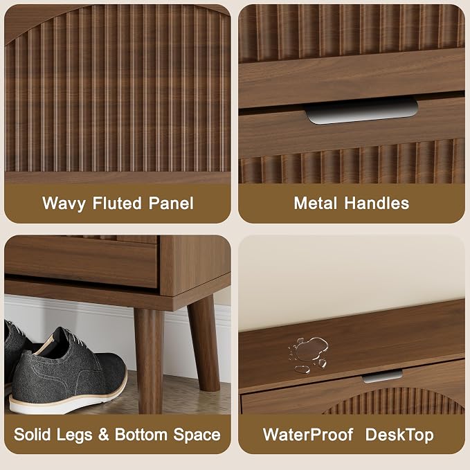 Shoe Storage Cabinet with 6 Flip Drawers, Narrow Wood Shoe Organizer Cabinet with Fluted Panel, Slim Shoe Rack for Entryway, Freestanding Shoe Cabinet for Living Room, Hallway, Walnut