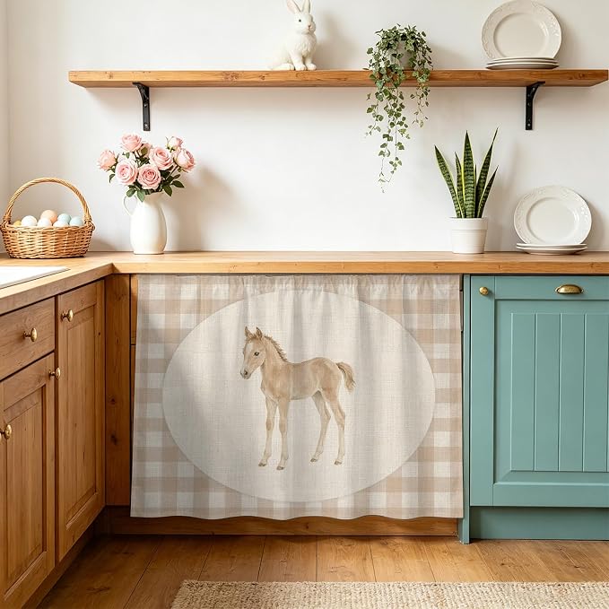 Graceful Pony Oven Skirt Curtain for Kitchen Decor 28"x35", Retro Natural Horse Farmhouse Plaid Rustic Self Adhesive Stove Curtains Skirt Cabinet Curtains for Bathroom Laundry Room