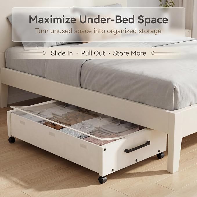 KITHELP Wooden Under Bed Storage with Wheels, Rolling Under the Bed Storage Bins with Removable Lid, Metal Under Bed Drawers for Clothes and Shoes in Bedroom or Living Room (White-2pack)