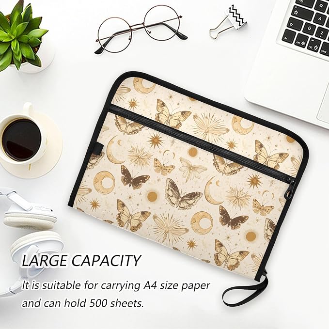 13 Pocket Zipper Expanding File Folder A4 Moon Butterfly | Accordion File Organizer with Front Pouch A4 Letter Size Portable Folders for Documents Receipt School Office Supplies