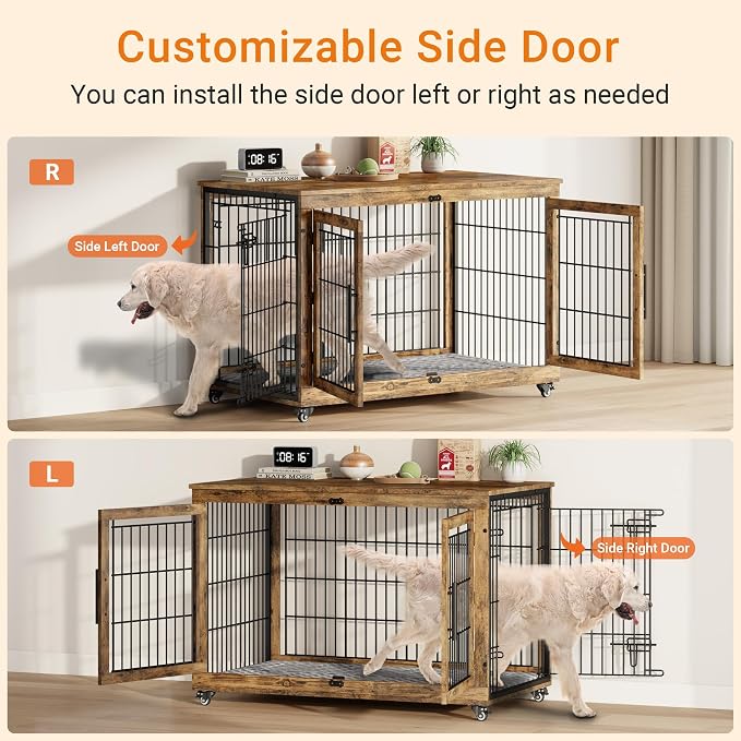 44'' Decorative Large Dog Crates Furniture w/Cushion & Wheels Wood Kennel | Rustic Brown, Double Doors, Wooden Dog Cage, Chew-Resistant, End Table, Decorative, 27"/32"/38"/44" Options, Indoor
