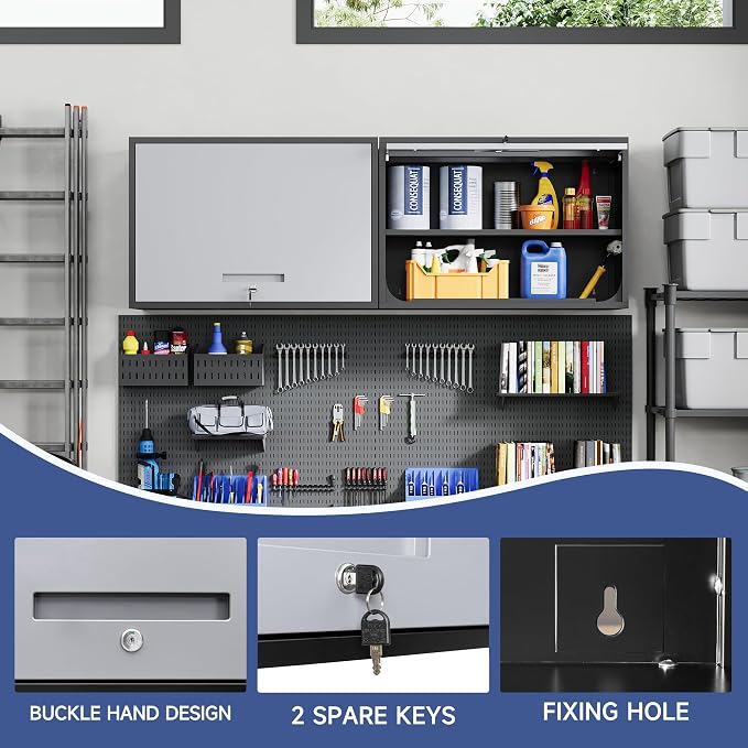Metal Wall Cabinet with Locking Door and Shelf, Hanging Garage Cabinets with Up-Flip Doors for Garage, Warehouse, Home, Office, Assembly Required (Black Grey, One Cabinet)