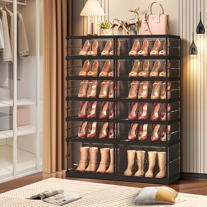 CIMLORD 6-Tier Foldable Shoe Rack, Magnetic Clear Doors, 24 Pairs, Black | Collapsible Large Plastic Shoe Cabinet, Stackable, Lidded, Tool-Free Assembly, Fits Boots & Sneakers, Closet & Entryway