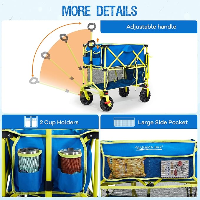 Old Bahama Bay 400L Collapsible Double Decker Beach Wagon with Brakes, Folding Beach Cart with 54" Extra Long Decker, 450LBS Heavy Duty Wagon Chart with All-Terrain Big Wheels for Sand Camping Garden