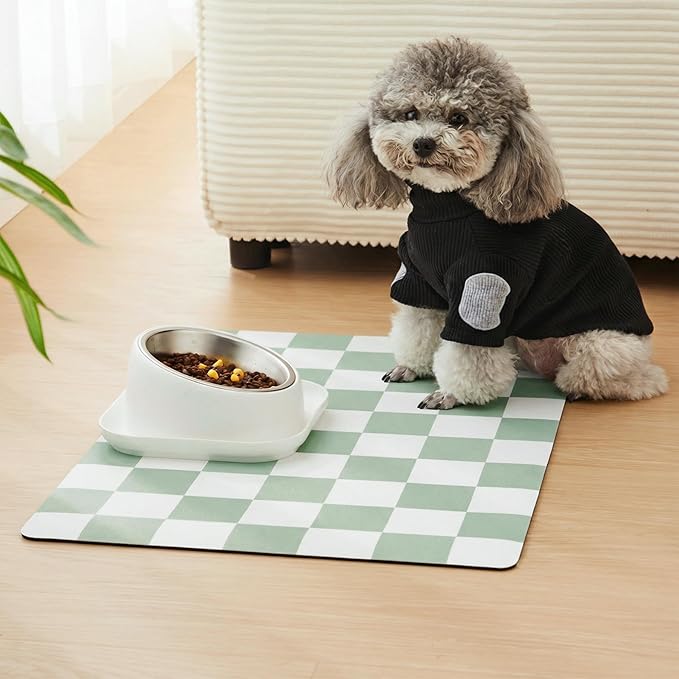 Ralxion Checkered Dog Feeding Mat, Absorbent Mats for Dog Food and Water Bowl, Dispenser, Modern Aesthetic Sage Green Checkerboard Pet Placemat for Dogs, Cats, Puppy, 16" X24”