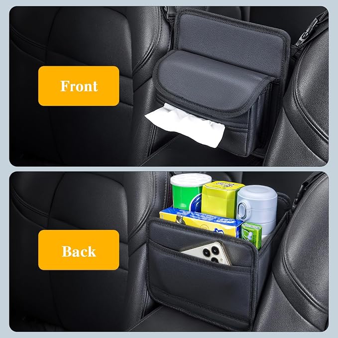 Car Storage Organizer Between Seats with Tissue Holder | Textured Leather Car Purse Holder Snack Holder | Auto Seat Back Handbag Organizer for Driving, Travel