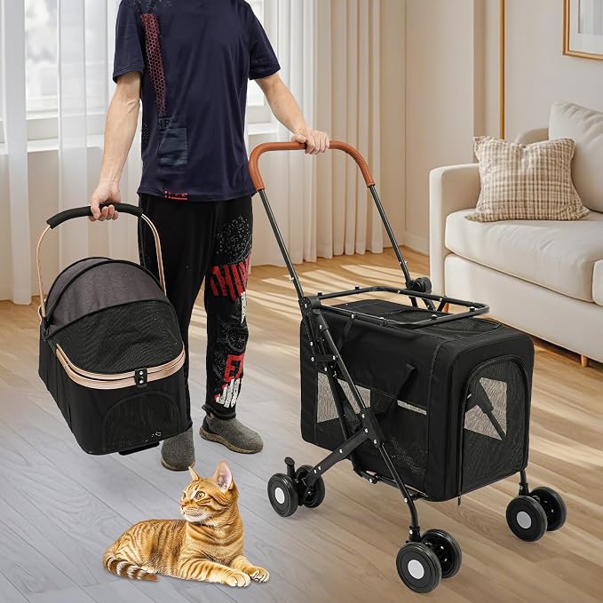 Pet Stroller for Small Medium Dogs Up to 77lbs, Folding Pet Carriage Cart for Dogs Cats, 360° Swivel Front Wheels Portable Cat Puppy Jogging Stroller with Storage Pocket & Safety Lock