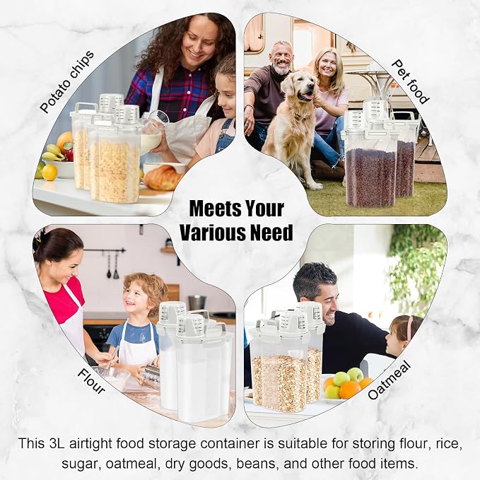 LEAWALK Airtight Rice Storage Container, 3.28Qt Cereal Dry Food Flour and Sugar Bin, Dog Cat Food Dispenser with Measuring Cup, BPA Free Clear Plastic Kitchen and Pantry Organization Bin-White 2Pack