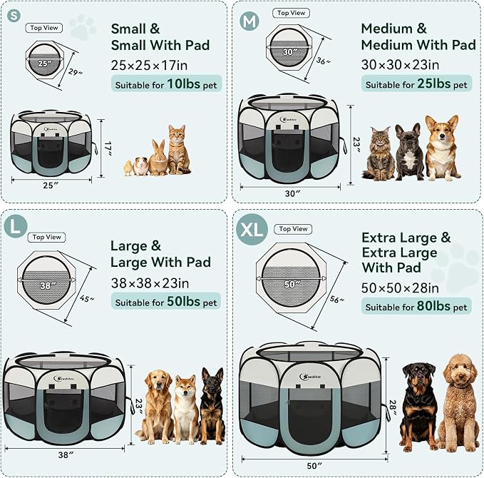 Siedihit Dog Playpen Tent Crate Cage with Washable Pee Pad, Ex-Large Grey | Travel Camping Portable Pop Up Easy to Set up lightweight dog Kennel with Carrying Bag for Indoor/Outdoor Wide applicability