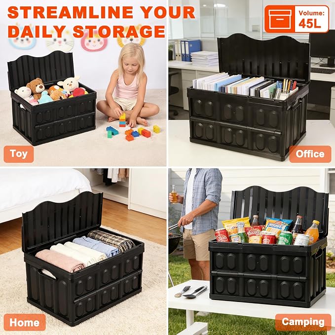 Plastic Collapsible Storage Bins with Lids, | 45L Stackable Plastic Crates, Holds 55 lbs Per Bins, Heavy Duty Containers for Home Organizing, Garage Tools & Camping