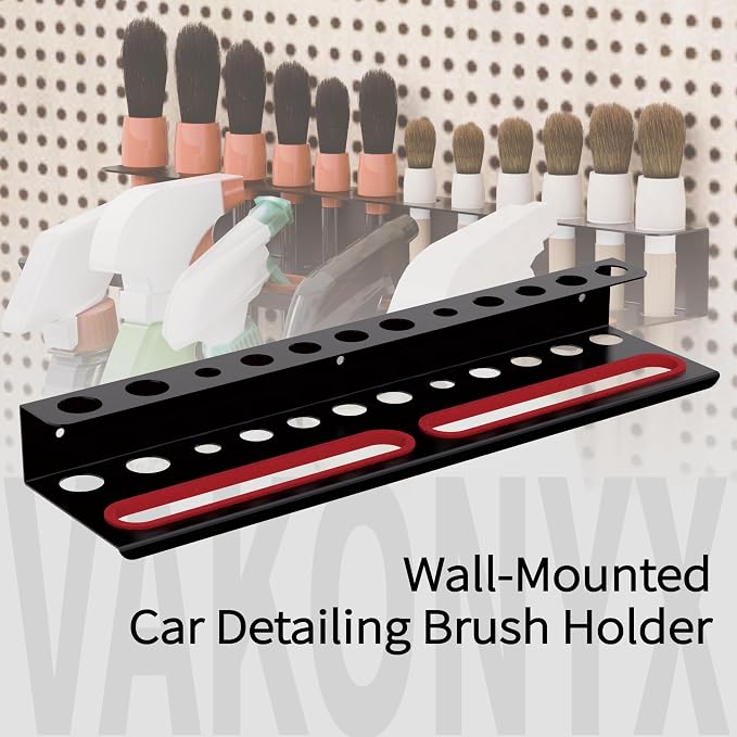 Wall Mount Brush & Spray Bottle Holder Combo Rack for Garage, Detailing Organizer with Mounting Hardware - Holds 12 Brushes & Hanging Rail for Bottles