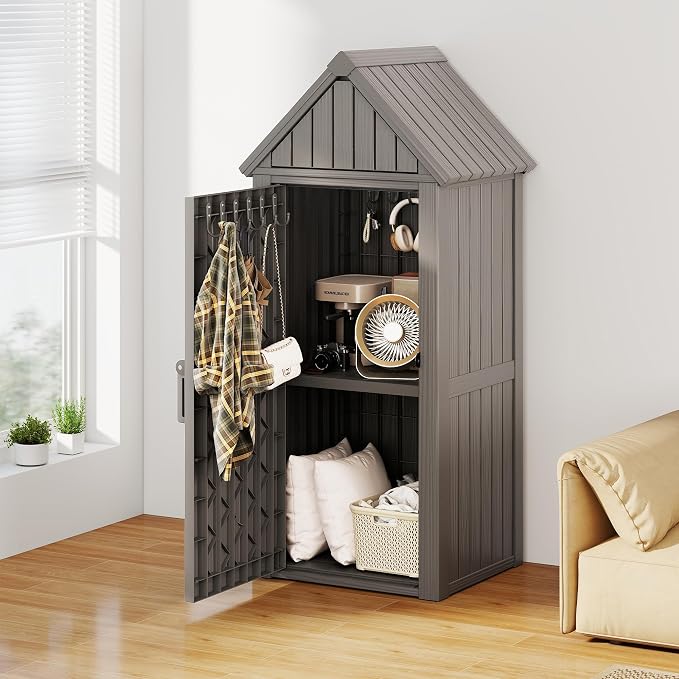 Outdoor Storage Cabinet, Lockable Vertical Resin Storage Shed, Gray