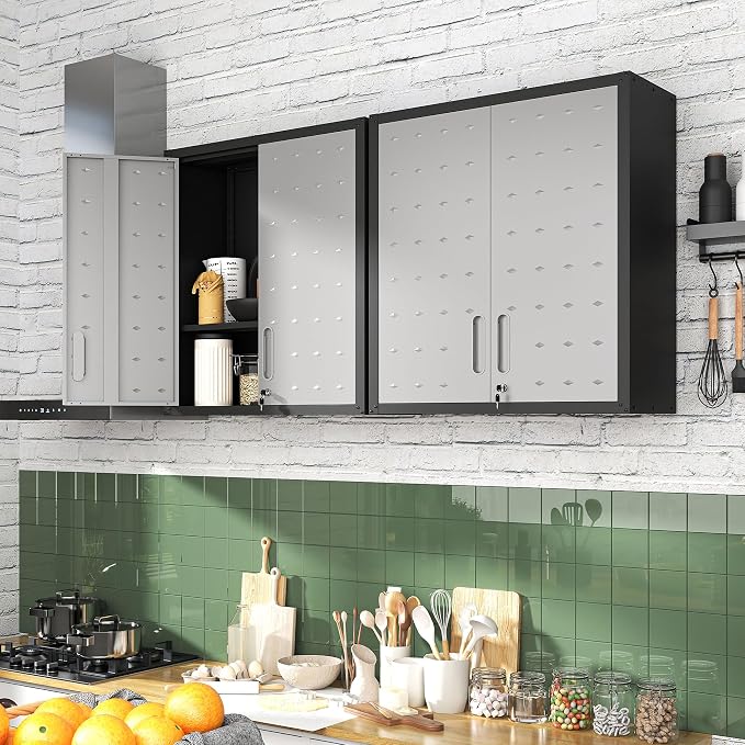 Metal Storage Cabinet for Garage, Tool Cabinet, Utility Cabinet | Wall Mounted, Hanging Tool Cabinet, Lockable, 2 Doors, Adjustable Shelves, Assembly Required, Black & Grey