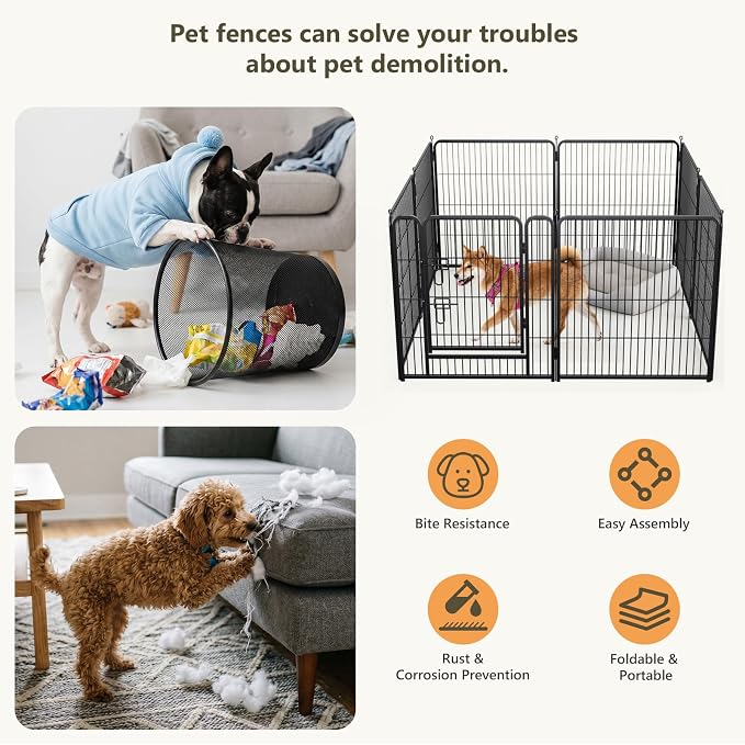 Metal Dog Playpen - 32" Height 8 Panels Foldable Exercise Pen for Dogs Indoor/Outdoor Pen with Door for Pet Animals Portable Pet Playpen Polygon Dog Enclosure (Black)