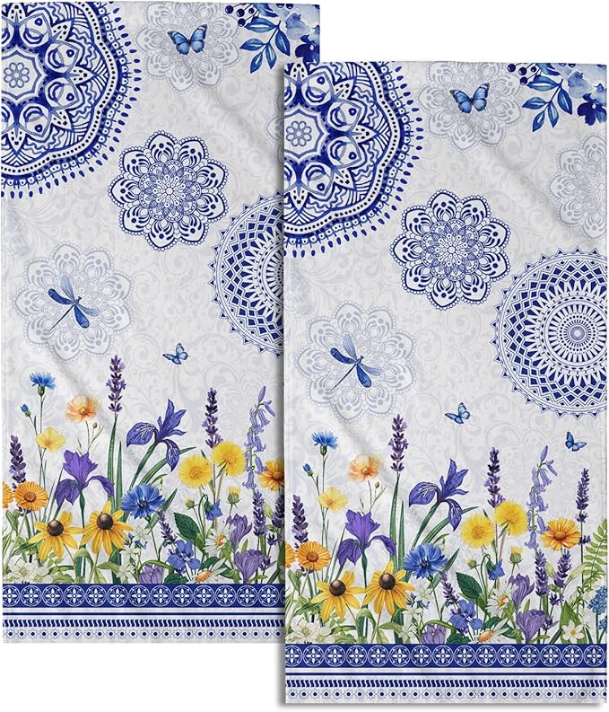 Giwawa Navy Flower Hand Towels Set of 2 Blue Floral Decorative Soft Microfiber Face Towel Kitchen Dish Towels for Bathroom Home Hotel Gym Decor