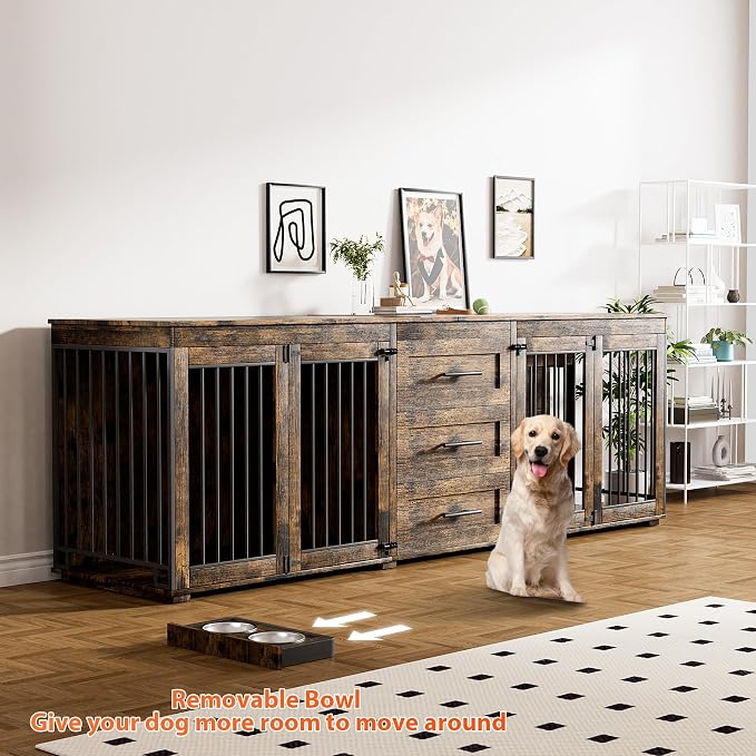 Rophefx 94.5" Dog Crate Furniture for 2 Dogs, Wooden Kennel TV Stand,Brown | Indoor double dog house with 3 storage drawers, 4 feeding bowls, lockable doors, and a wide top for large and medium dogs